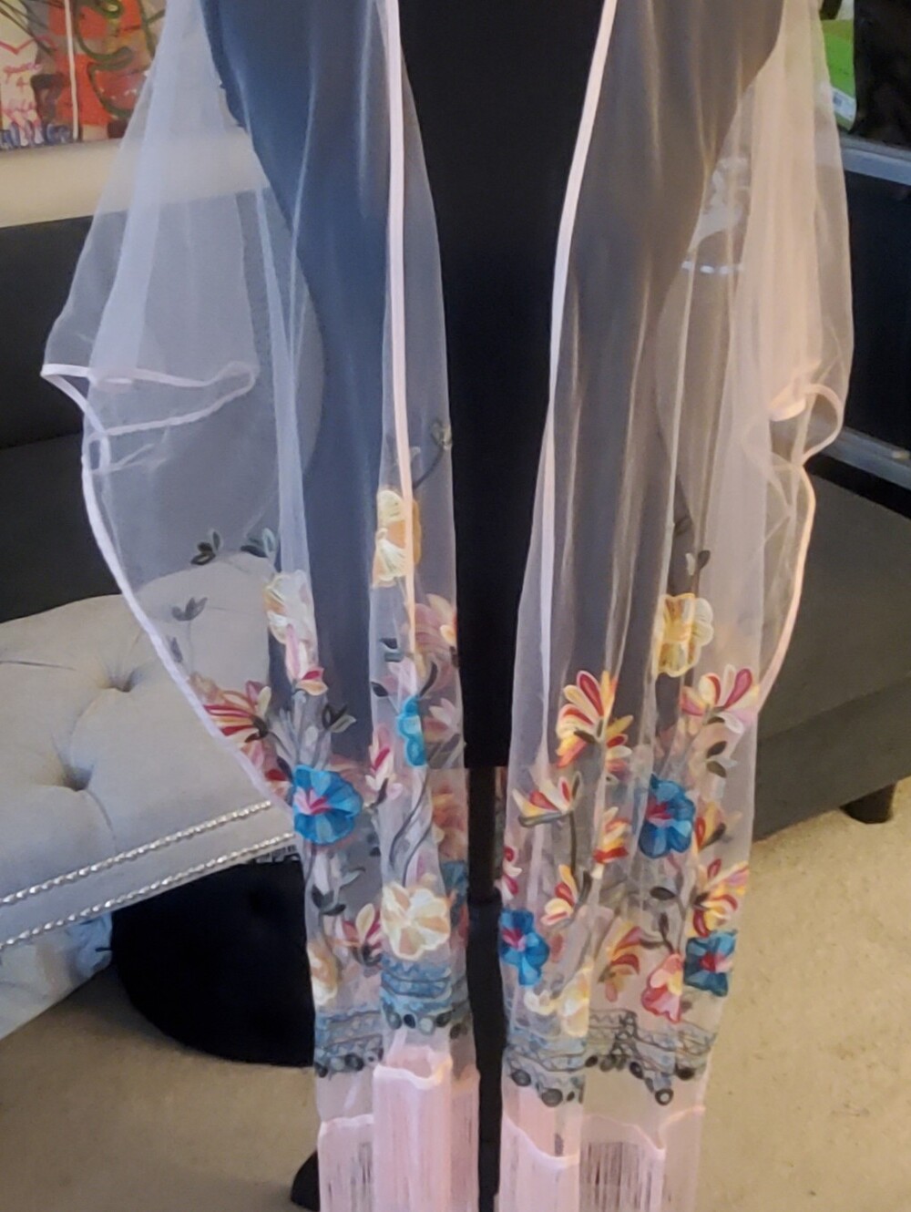 Haute Hippie  Sheer Embroidered Floral Fringe Kimono - Pink, Blue, Yellow NWT